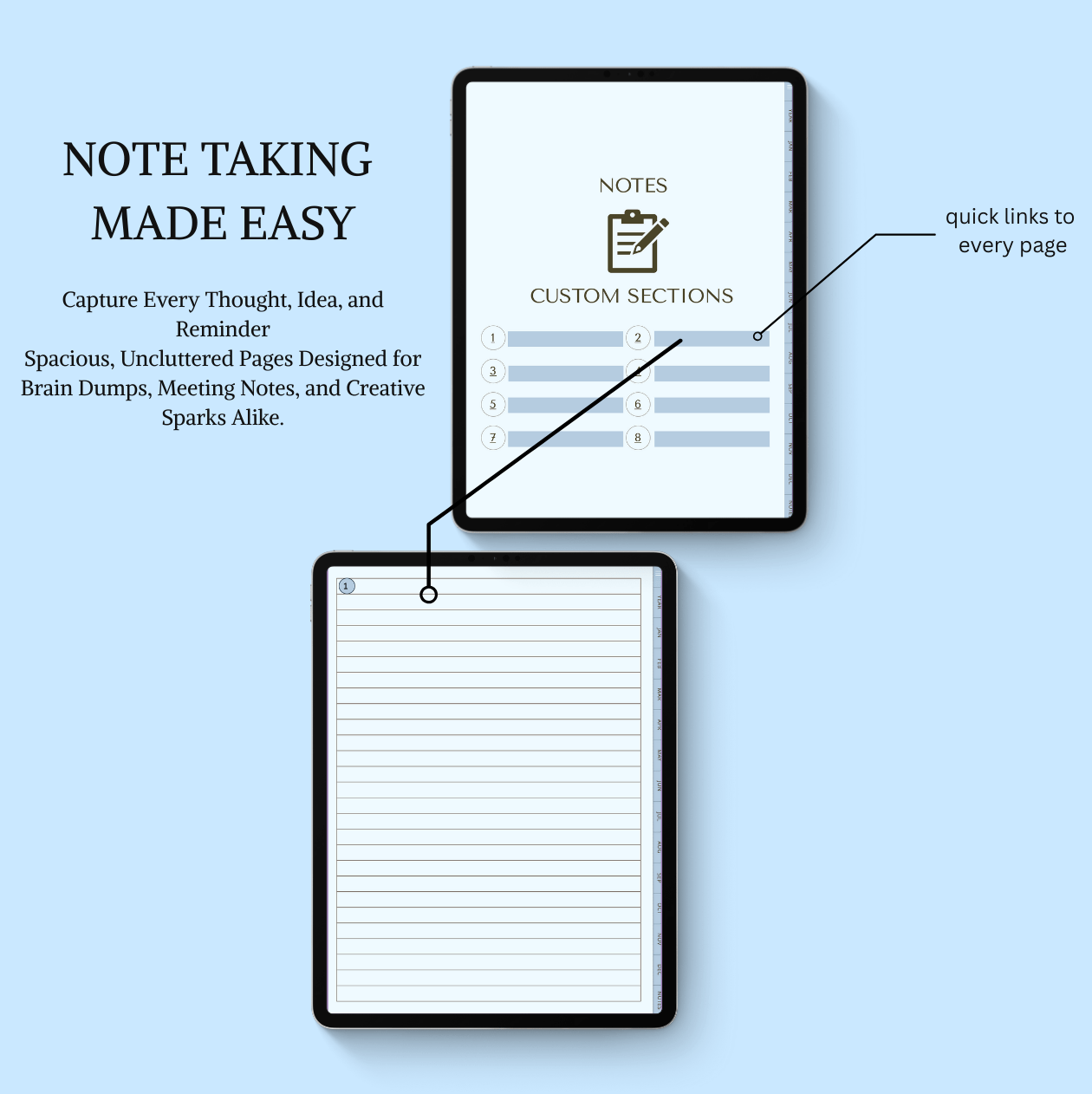 Note-taking system with digital and physical notebooks on a light blue background